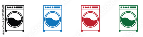 Four modern washing machines with different colored doors isolated on white background laundry appliances set