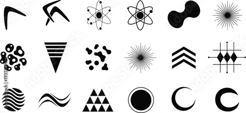 Collection of various black abstract icons and symbols on a plain white background