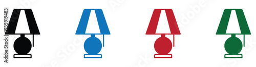 Four colorful umbrellas with hanging spheres in minimalist flat design for weather and protection concepts