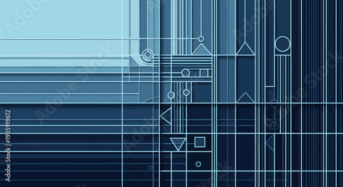 Geometric shapes and lines on blue background with grid overlay.