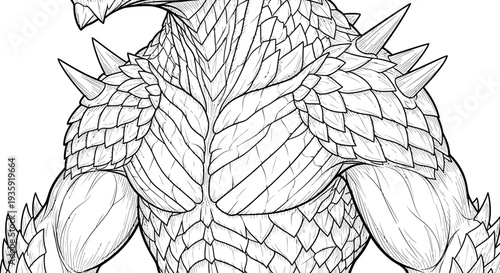 Detailed black and white illustration of a fantasy creature's torso with spiky scales.