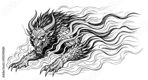 Black and white illustration of a mystical creature with flowing mane and sharp claws.