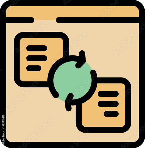 Data synchronization process visualized on a webpage, featuring two data blocks connected by rotating arrows, symbolizing seamless data transfer and integration