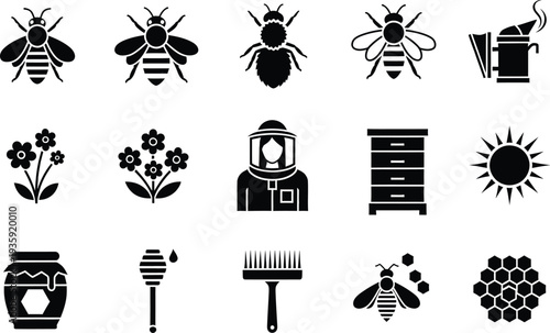 A collection of fifteen black and white vector icons representing beekeeping and honey production.