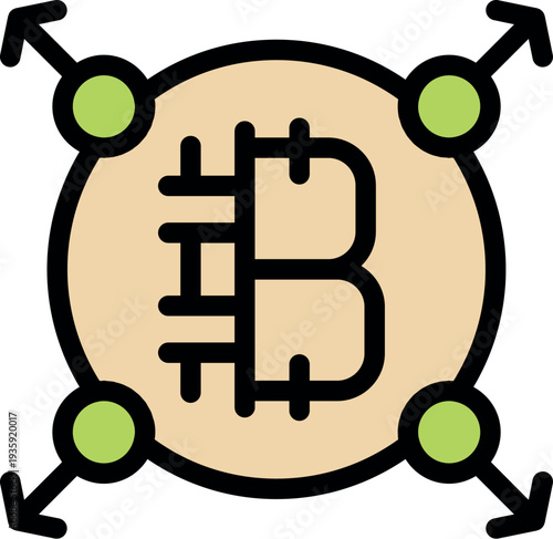 Cryptocurrency symbol expanding its influence, with arrows pointing outwards, symbolizing growth and reach