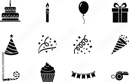 A collection of twelve black and white birthday party icons on a plain white background.