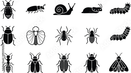Collection of black and white insect silhouettes including caterpillars, beetles, and spiders.