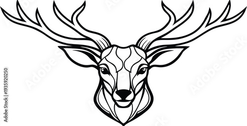 Stylized illustration of a deer's head with large antlers and a tribal design