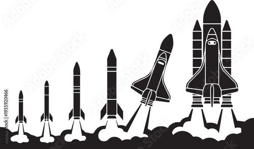Evolution of space rockets and shuttles in black and white space shuttles space exploration
