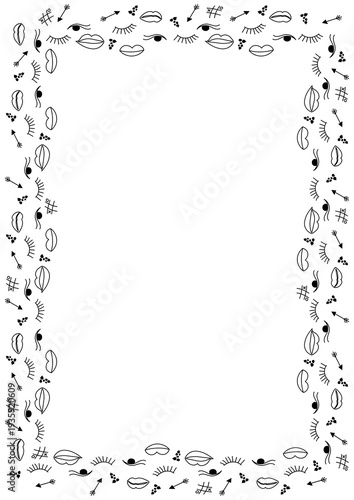 Makeup doodle frame with lips, eyes, arrows and tic tac toe symbols forming square monochrome border isolated on white background.
