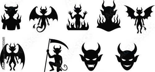 Demonic silhouettes collection, devil figures, horned creatures, fantasy horror art, mythology illustration, dark symbolism, gothic design, wings, flames, scythe, evil icons