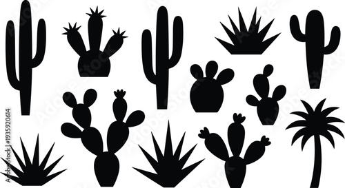 Desert plant silhouettes, cactus vector illustration, agave design art, palm tree decor, botanical flora icons, black shapes, arid landscape illustration