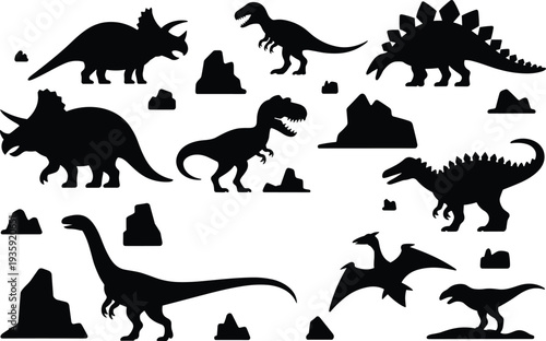 Dinosaur silhouette collection, Triceratops Tyrannosaurus Stegosaurus Brachiosaurus Pterodactyl, prehistoric rock formations illustration, paleontology wildlife inspiration, educational design 