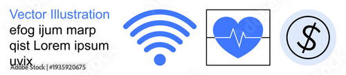 Digital health, fintech, wireless networks, remote monitoring, medical technology, finance. wireless signal, heartbeat monitor and dollar symbol icons. Digital health and fintech ideas