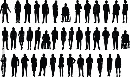 Diverse people silhouettes, inclusion figures, wheelchair users, standing, seated, group diversity, human outline, accessibility illustration, community representation, black silhouette art