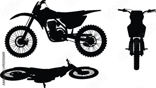 Dirt bike silhouettes, motorcycle vector illustration, offroad design art, racing decor, motocross icons, black shapes, mechanical structure illustration, sport vehicle
