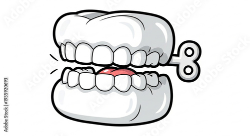 Cartoon teeth with a key unlocking mouth on transparent background