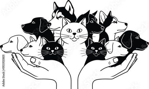 Animal shelter and pet adoption concept with dogs cats in caring hands protection rescue vector illustration design