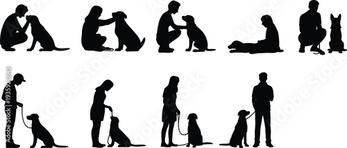 Dog silhouettes, people with pets, walking dogs, training animals, pet care, companionship, outdoor activity, leash training, black artwork illustration