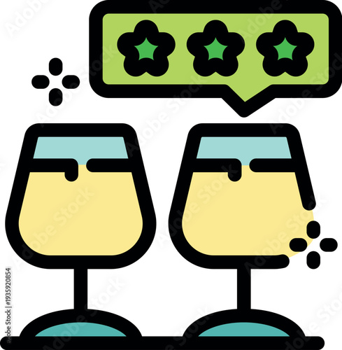 Two wine glasses under a three star review symbol