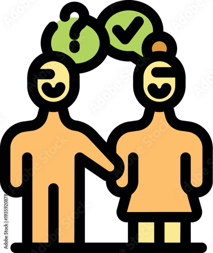Man and woman making decision together, choosing between positive and negative options, showing question mark and check mark