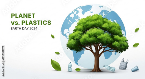 Tree and earth with plastic pollution on earth day for environmental awareness and conservation