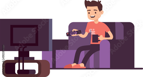 Guy watch tv. Young man evening home rest