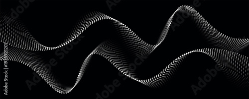 Wave dots abstract pattern. Flow of white curved dotted lines vector illustration isolated on black background. Dynamic shiny swirl backdrop. Digital, technology, ia, music, modern design element.