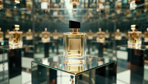 Elegant fragrance bottle display modern gallery product photography reflective surface close-up luxury appeal