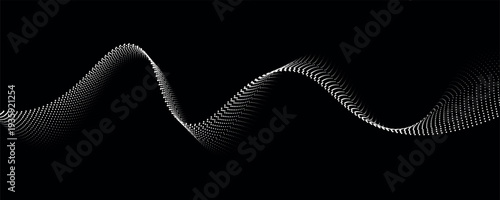 Wave dots abstract pattern. Flow of white curved dotted lines vector illustration isolated on black background. Dynamic shiny swirl backdrop. Digital, technology, ia, music, modern design element.