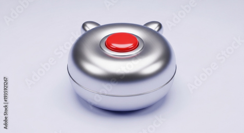 Shiny metal whisk with red button on top for kitchen use on transparent background