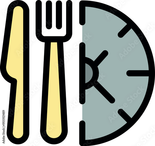 Lunch time approaching, indicated by fork, knife, and clock, symbolizing scheduled meal or intermittent fasting