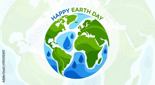 Happy earth day illustration with globe and water droplets on green continents