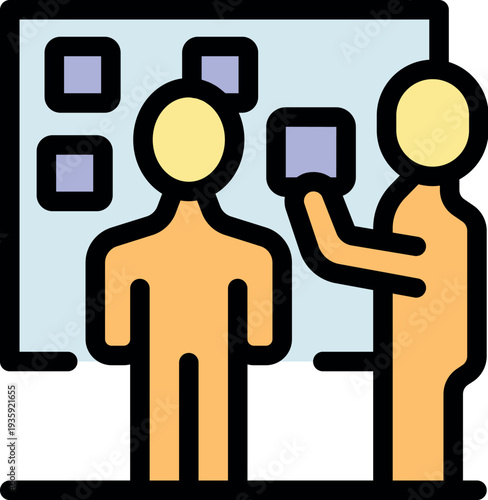 Two managers are using a kanban board to plan their strategy and manage tasks