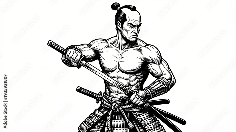 Obraz premium Bushido muscular samurai with katana, showcasing traditional Japanese warrior art sketch engraving generative ai fictional character vector illustration.