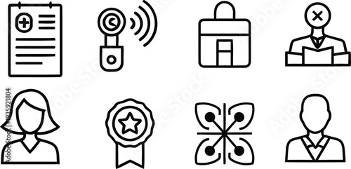 A collection of eight icons representing various concepts and objects