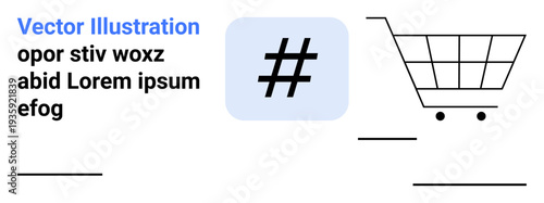 metadata tag inside blue rounded square next to outlined shopping cart, representing online shopping, social media connection, and marketing trends. Ideal for e-commerce, branding, strategy