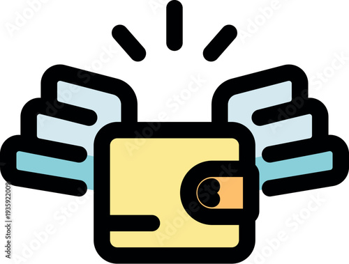 Yellow wallet flying away with wings representing fast money transfer, online payment or expenses