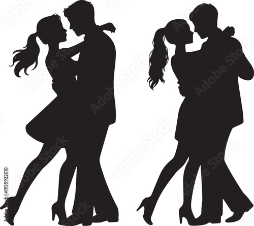 Silhouette of a couple dancing closely with long hair and heels de