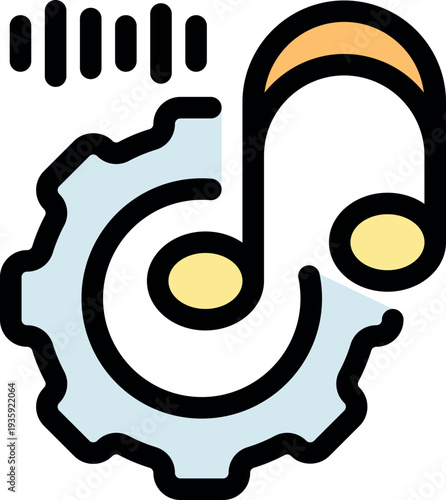 Music production process is visualized with gear and musical note, representing audio engineering and sound mixing