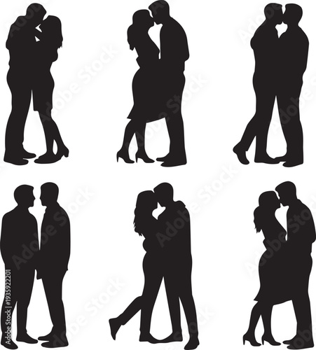 Silhouettes of couples kissing and embracing in various poses black desi