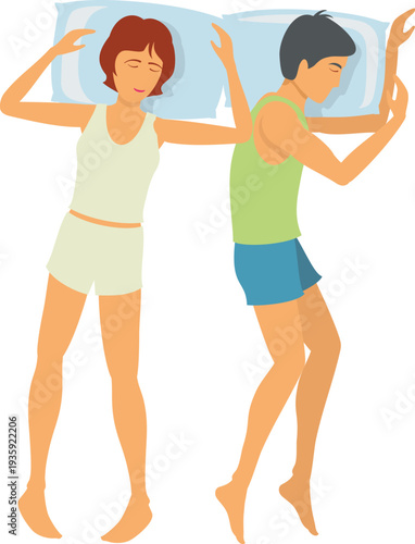 Man and woman sleeping position. People in comfortable bed