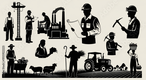 Collection of Silhouetted Workers in Various Professions.