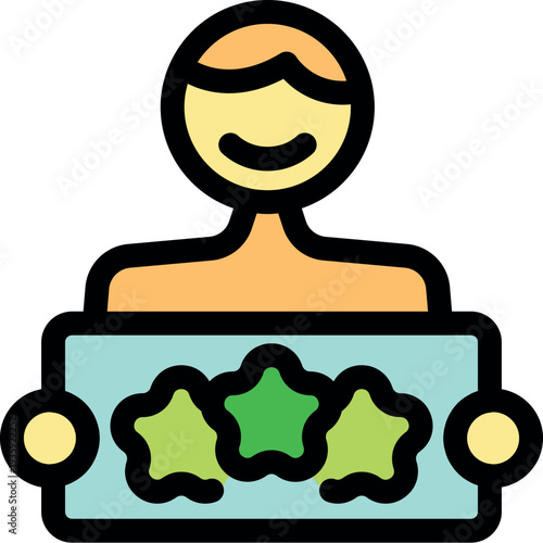Smiling person holding a sign displaying three green stars, symbolizing positive feedback, high rating, and customer satisfaction