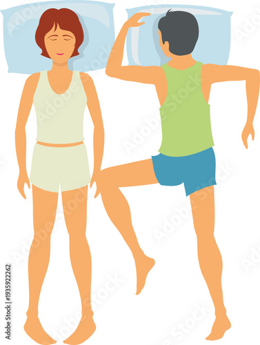 Different sleep positions. Couple rest in bed top view