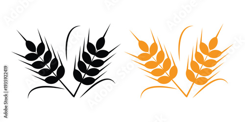 Wheat icon set, black and golden wheat ear illustrations on a white background, Organic agriculture cereal symbol vector illustration.