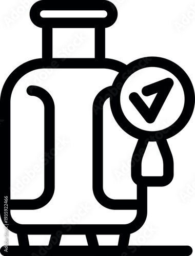 Luggage passing quality control, checked baggage approved for travel, simple black and white icon