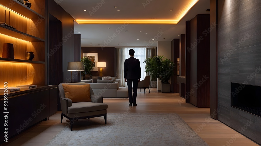 Naklejka premium A man in a dark suit walks through a luxurious warmly lit modern interior with elegant decor