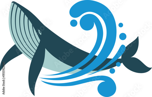 Whale in wave splash logo. Wild underwater animal