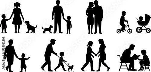 Family silhouettes set on transparent background, showing various family scenes and activities, vector illustration